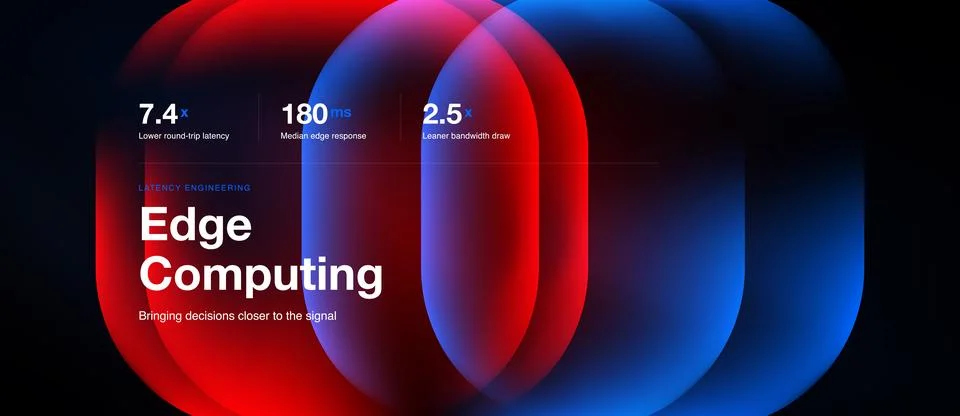Edge computing slide, bright azure shapes, wide header background Stock Illustration