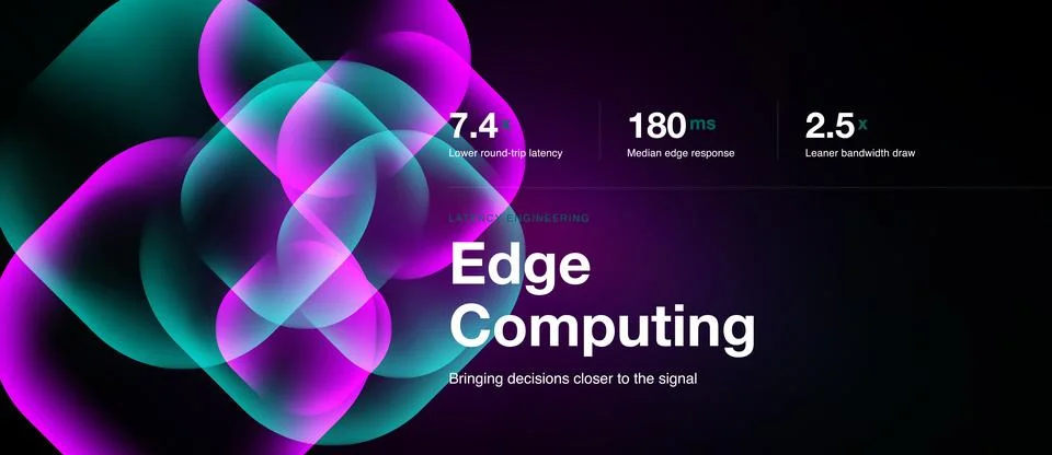 Edge computing slide, futuristic pink shapes, panoramic vector background Stock Illustration