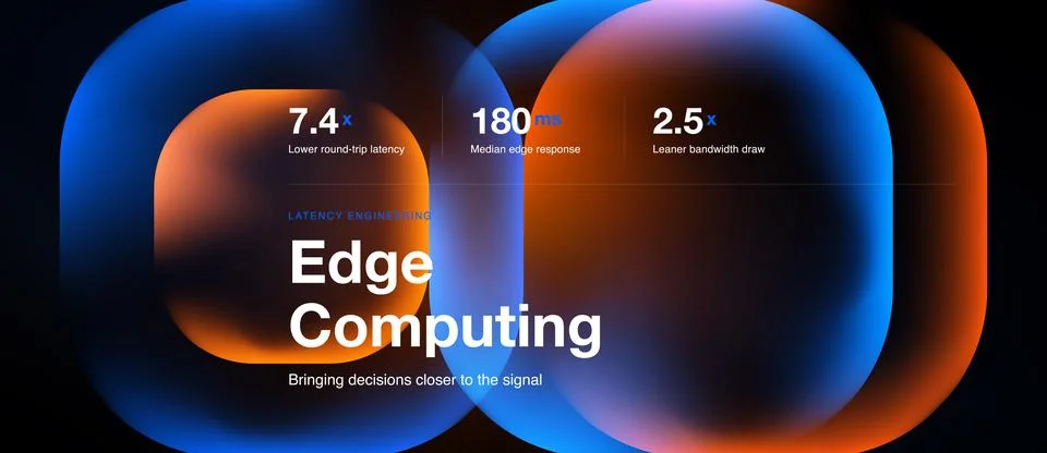 Edge computing slide, glowing orange shapes, horizontal web banner Stock Illustration