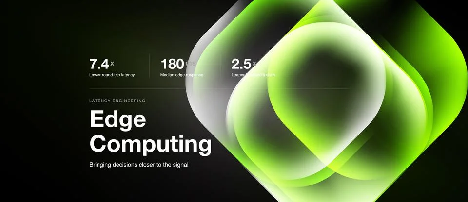 Edge computing slide with green neon glass cards Stock Illustration