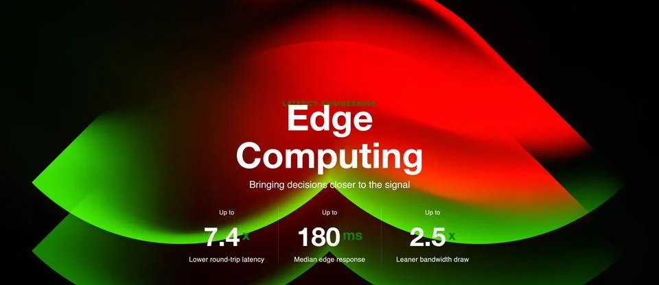 Edge computing slide with green neon curves, panoramic vector background Stock Illustration