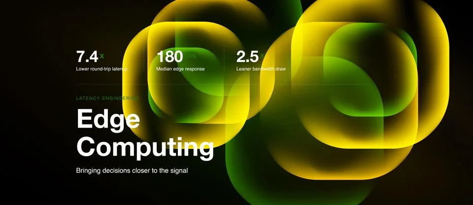 Edge computing slide, luminous golden shapes, panoramic vector background Stock Illustration
