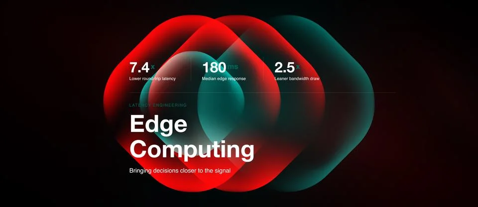 Edge computing slide, vibrant cyan shapes, wide header background Stock Illustration
