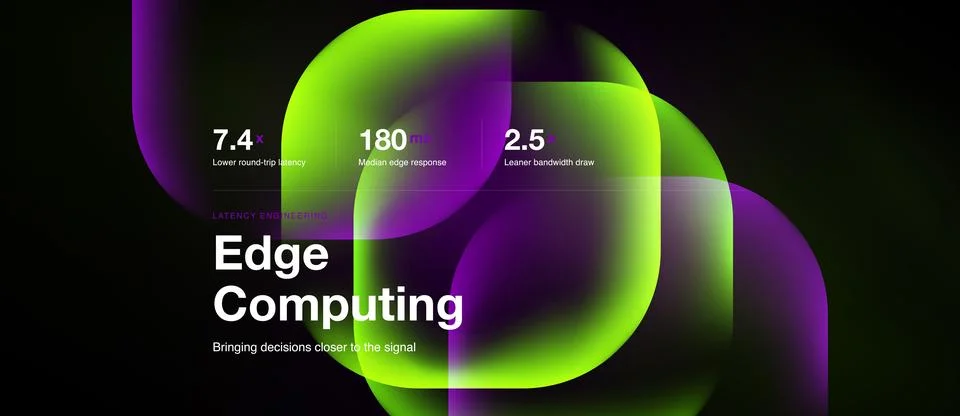 Edge computing slide with violet glass squircles, panoramic vector background Stock Illustration