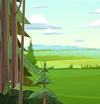 Edge of coniferous forest. Summer trees. Scenery Landscape. Fun cartoon style Stock Illustration