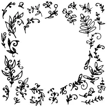 The edge of the doodle plants frame. empty circle for text, border with doodles Stock Illustration