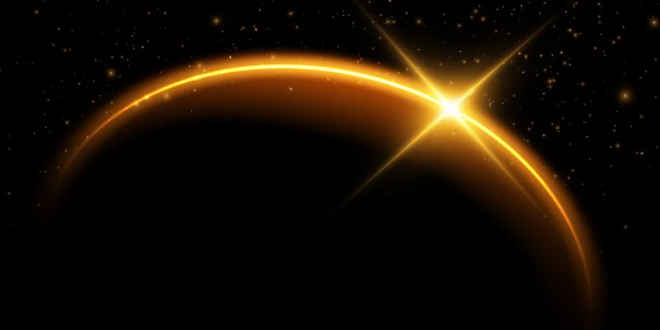 The edge of a golden solar eclipse on a black background. Golden eclipse for Stock Illustration