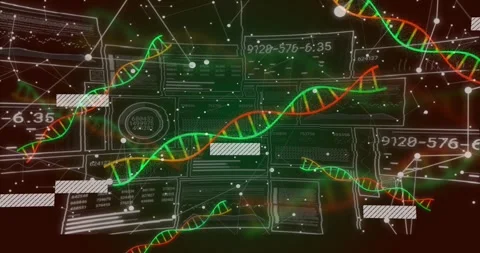 Edge helices emerging, DNA group drifting and sweeping while data blocks Stock Footage 329505828