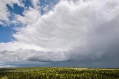 The edge of a large thunderstorm developing over a forested landscape Stock Photos