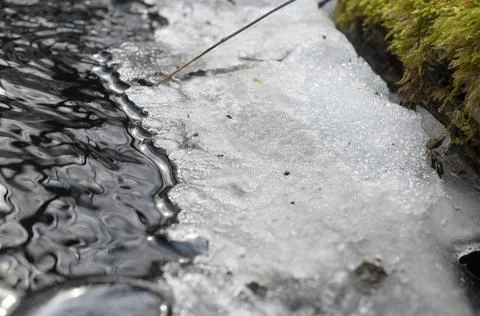 Edge of melting ice by the stream. Stock Photos