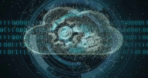 Edge nodes moving in causing cloud forming in tech HUD with gears binary Stockbeeldmateriaal 331270037