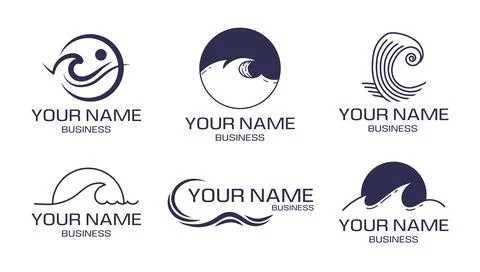 Edge ocean waves, marine logos. Sea water and sky, crushing sun, water spray Stock Illustration