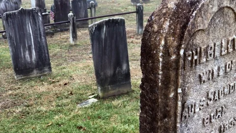 Edge of Old, Weathered Headstone (Tombstone) in Foggy Cemetery (Graveyard) Stock Footage 101308962