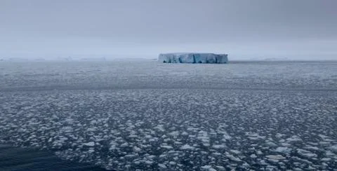 Edge of pack ice in antarctic ocean with large iceberg, Antarctica Stock Photos