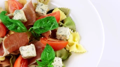 Edge of plate with Organic pasta, copy space in right side, blue cheese Stock Footage 73654688