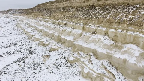 Edge of a sandy cliff of the snow-covered desert in winter. Western Kazakhstan Stock Footage 93838383