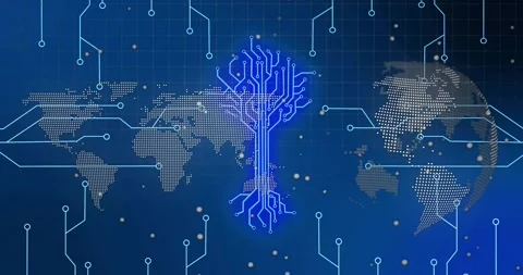 Edge streaks sparking core network, growing circuit linking dotted map and Stock Footage 331160832