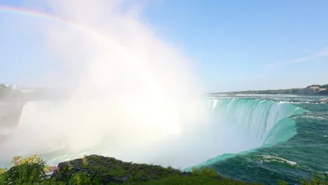 Edge View of Horseshoe Falls with Rainbow Rising in Mist at Niagara Falls, 스톡 동영상 330450838