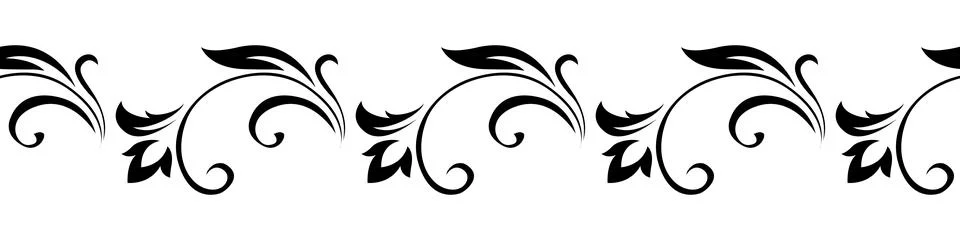 Edging, ribbon, border of of black stylized stems, leaves, flowers and curls  Stock-Illustration