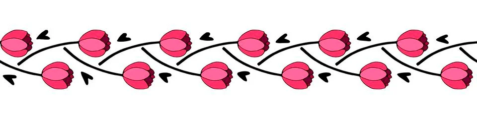 Edging, ribbon, border of a braid of intertwined red tulip flowers and hearts Illustrazione stock