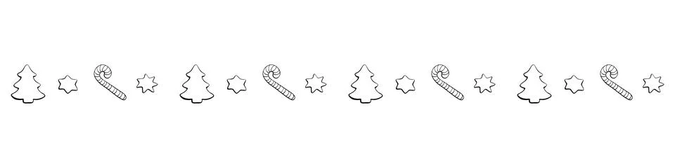 Edging, ribbon, border of outline candy cane, stars, xmas trees. Vector seaml 库存插图
