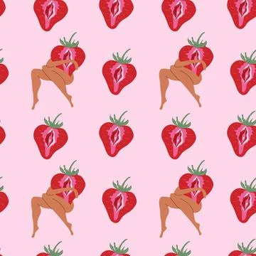 Edgy Pattern Featuring Strawberry and Feminine Silhouette Illustrazione stock