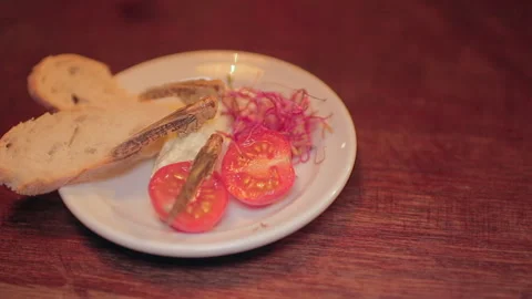 Edible Crickets and Insect Tapas Plate Interior Panning Shot at Beer Bar Stock Footage 346236501