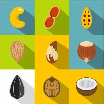 Edible nuts icons set, flat style Stock Illustration