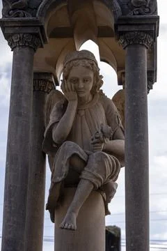 Edicule with thinking angel in memory of Gabriel Bordoy, 1911, Alar Cemetery, Stock Photos
