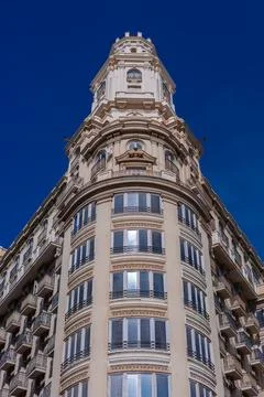 Edificio Barrachina, a classicist building constructed in 1930. Located at Plaza Fotos de archivo