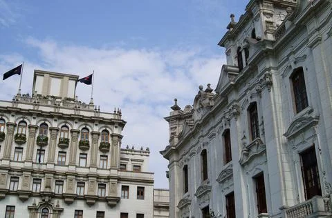 Edificio Fenix and Portal Zela buildings surrounding the Plaza San Martin in Lim Stock Photos