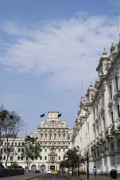 Edificio Fenix and Portal Zela buildings surrounding the Plaza San Martin in Lim Stock Photos