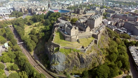 Edinburgh Castle High Aerial Pullback View, Edinburgh Scotland – 4K 30fps Stock Footage 331967021