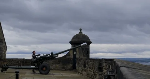 Edinburgh Castle - One O'Clock Gun Firing SlowMo Stock Footage 104377709
