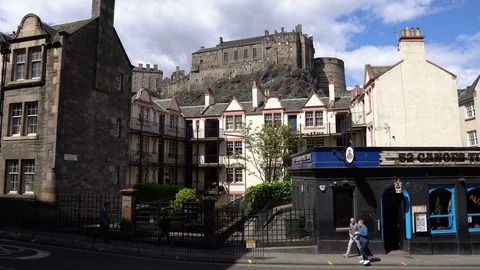 Edinburgh Castle Seen From Old Town With Historic Buildings and People Stock Footage 118965898