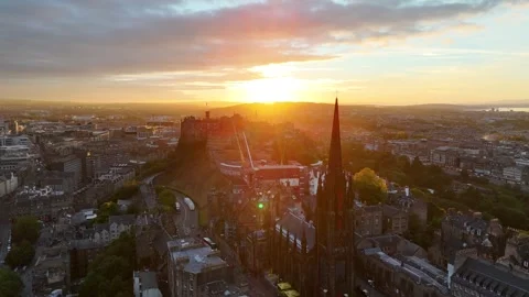 Edinburgh Cathedral and The Hub drone shot at sunset Stock Footage 287103553