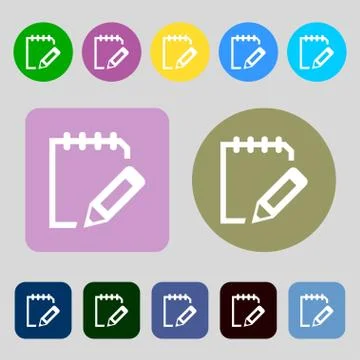 Edit document sign icon. 12 colored buttons. Flat design. Illustrazione stock