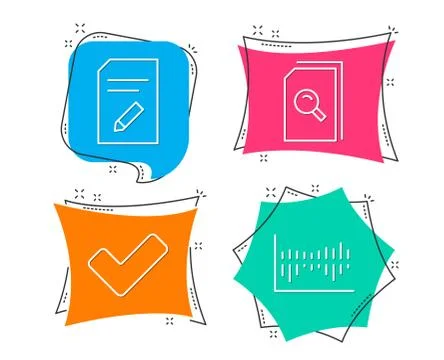 Edit document, Tick and Search files icons. Column diagram sign. Stock Illustration