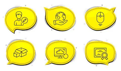 Edit person, Scroll down and Packing boxes icons set. Recovery cloud sign Illustration