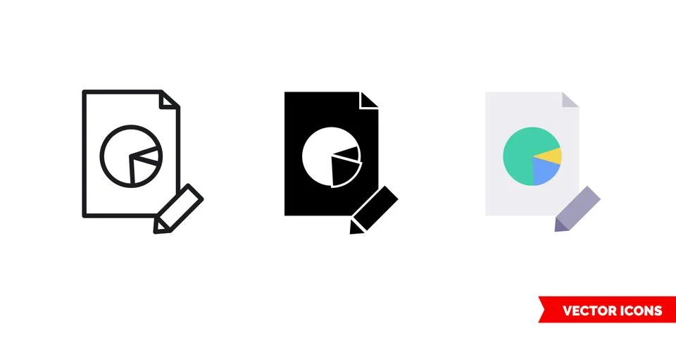 Edit pie chart report icon of 3 types. Isolated vector sign symbol. Stock Illustration