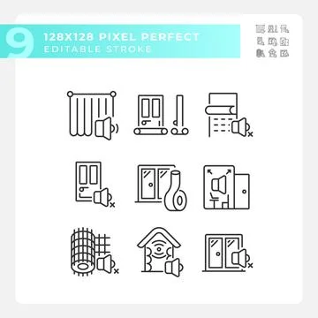 Editable 2D black soundproofing icons collection Stock Illustration