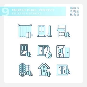 Editable 2D blue soundproofing icons collection Stock Illustration
