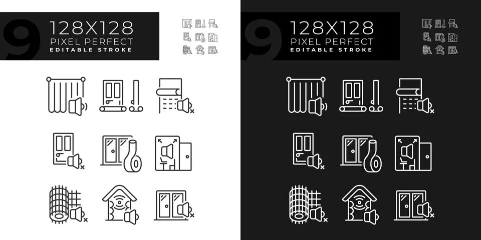 Editable 2D light and dark soundproofing icons collection Stock Illustration