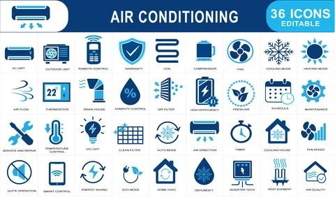 Editable Air Conditioning System 36 glyph Icons Collection Stock Illustration