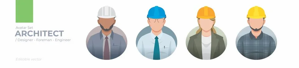 Editable Architect Avatar Set: Professional Illustrations of Engineers, Des.. Stock Illustration