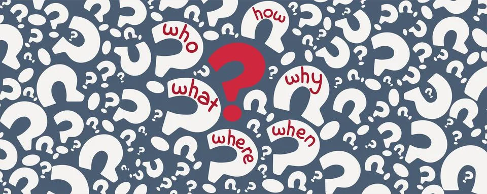 Editable banner whit question mark symbol and text -Who What Where When Why How- Stock Illustration