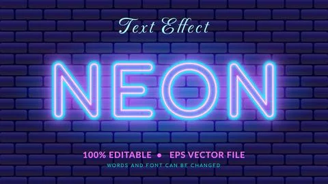 Editable Blue Pink Neon Text Effect with Dark Brick Wall Background. Eps Ve.. Illustrazione stock