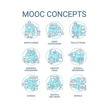 Editable blue thin line icon set representing MOOC イラスト素材
