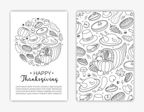 Editable card templates with hand drawn Thanksgiving items. Stock Illustration