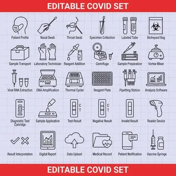 Editable COVID-19 testing set icons with patient profile, nasal and throat .. Stock Illustration